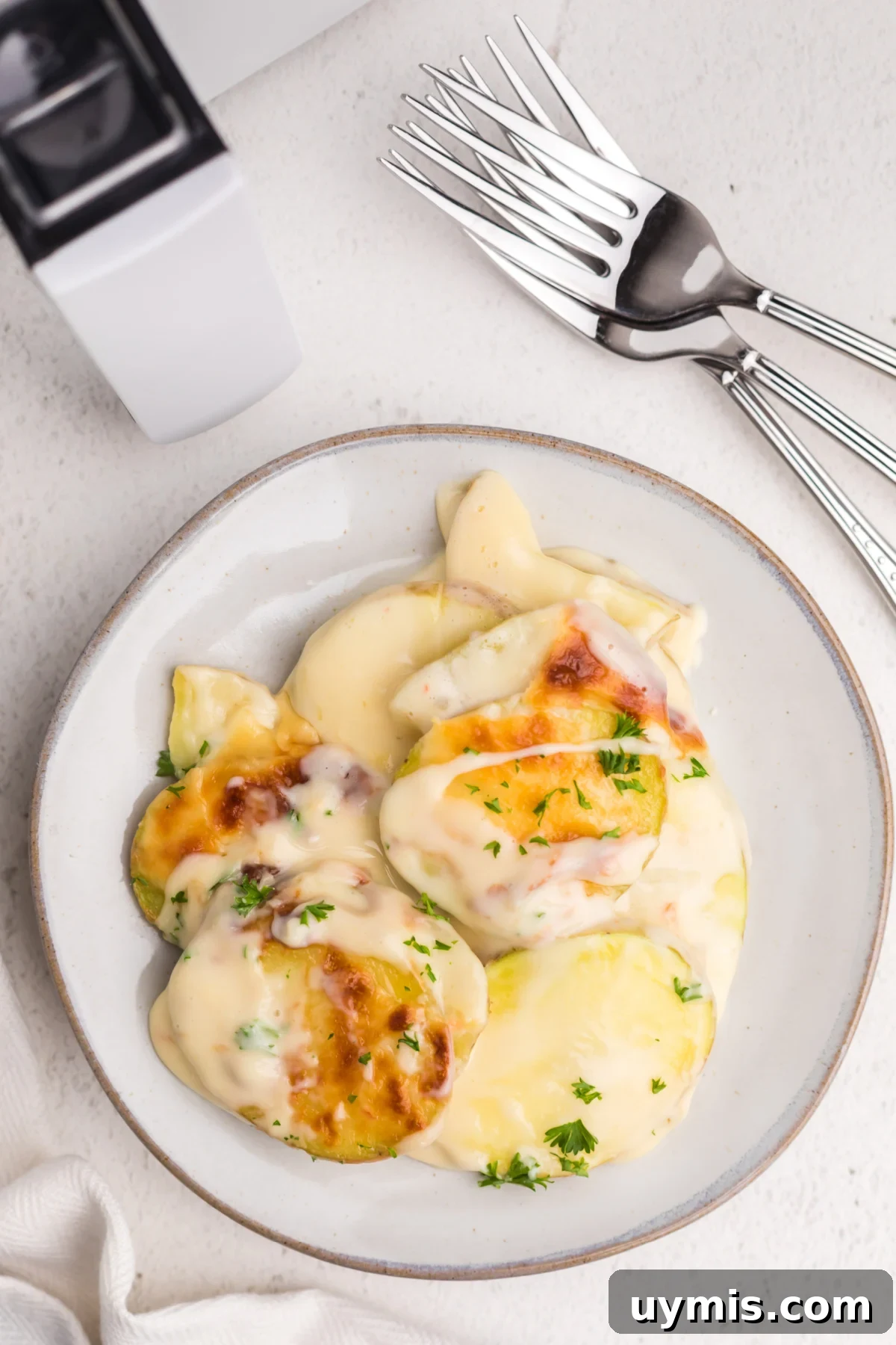 Air Fryer Scalloped Potatoes with Melted Cheese 13 Scalloped potatoes made in the air fryer and served on a plate with fresh parsley sprinkled on top.