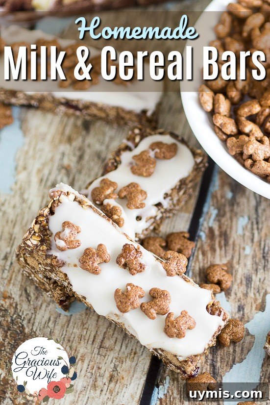 Milk and Cereal Bars Recipe for a Grab and Go Breakfast 2 Homemade Milk and Cereal Bars made with Annie's Cocoa Bunnies Cereal are a perfect grab-and-go easy breakfast for kids that is totally customizable to what you love!