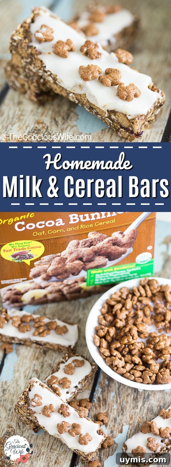 Milk and Cereal Bars Recipe for a Grab and Go Breakfast 13 Homemade Milk and Cereal Bars made with Annie's Cocoa Bunnies Cereal are a perfect grab-and-go easy breakfast for kids that is totally customizable to what you love!
