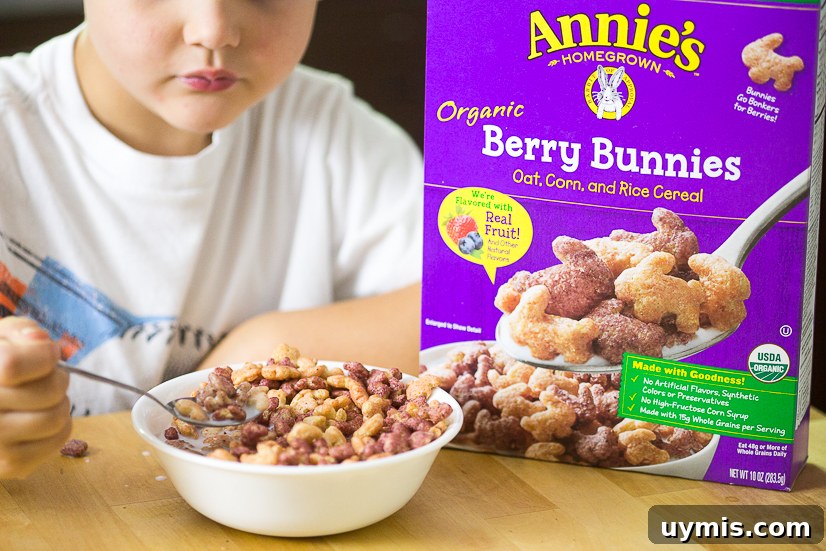 Milk and Cereal Bars Recipe for a Grab and Go Breakfast 3 Homemade Milk and Cereal Bars made with Annie's Cocoa Bunnies Cereal are a perfect grab-and-go easy breakfast for kids that is totally customizable to what you love!