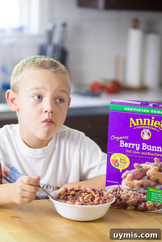 Milk and Cereal Bars Recipe for a Grab and Go Breakfast 4 Homemade Milk and Cereal Bars made with Annie's Cocoa Bunnies Cereal are a perfect grab-and-go easy breakfast for kids that is totally customizable to what you love!