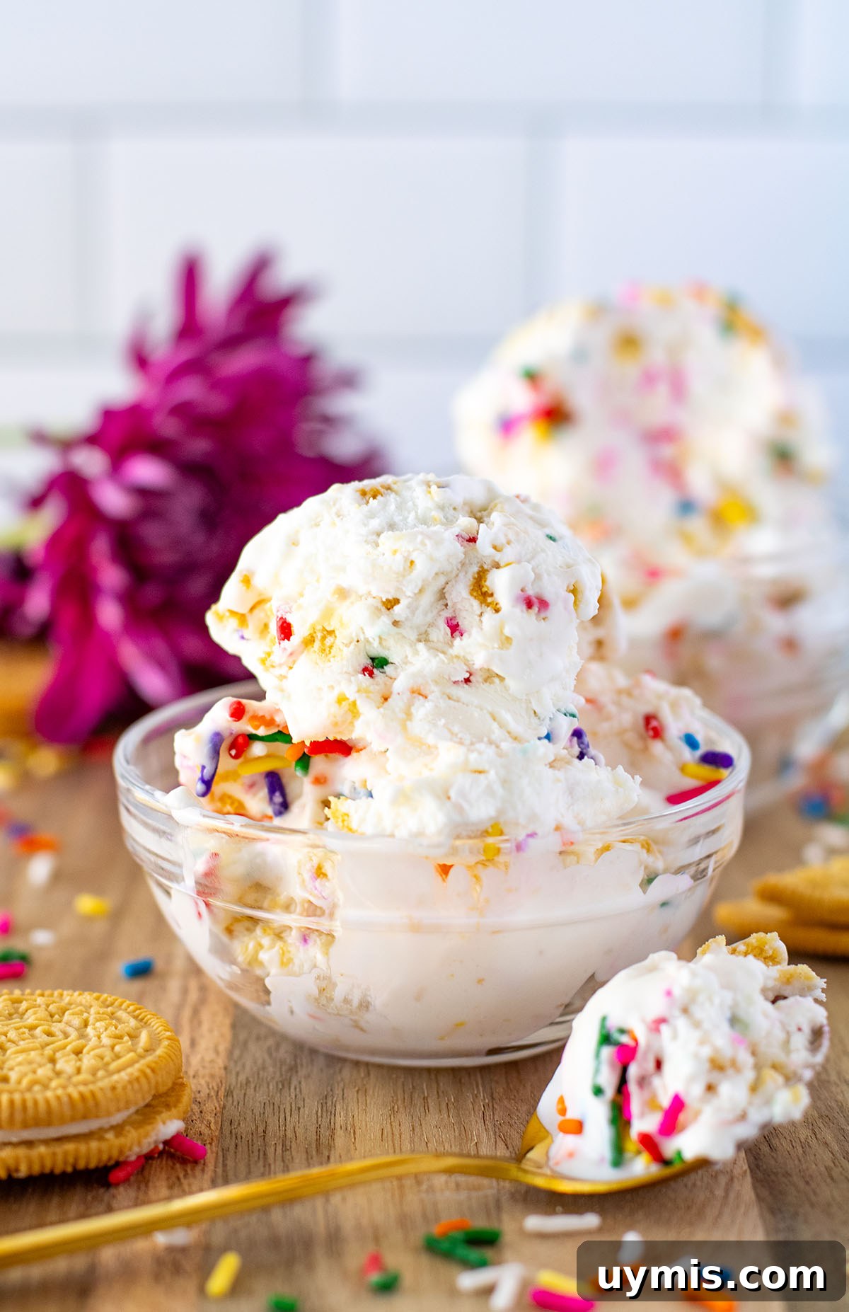 No-Churn Funfetti Golden Oreo Ice Cream Recipe 2 Funfetti Golden Oreo Ice Cream served in a glass dessert bowl.