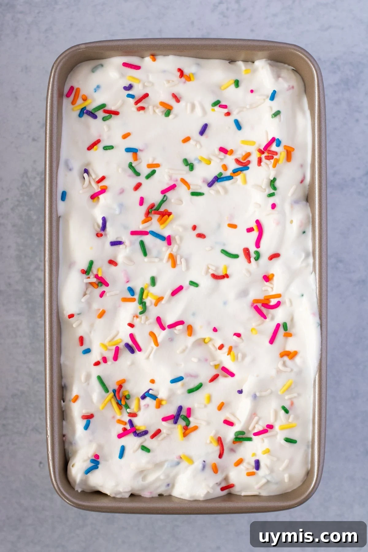No-Churn Funfetti Golden Oreo Ice Cream Recipe 8 Golden Oreo Ice cream in a metal loaf pan topped with sprinkles.