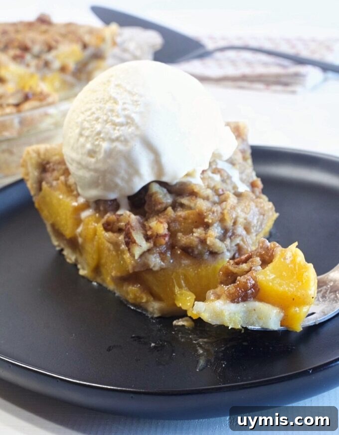 Brown Sugar Peach Crumble Pie Recipe 2 Brown Sugar Peach Crumble Pie with fresh peaches and crumb topping.