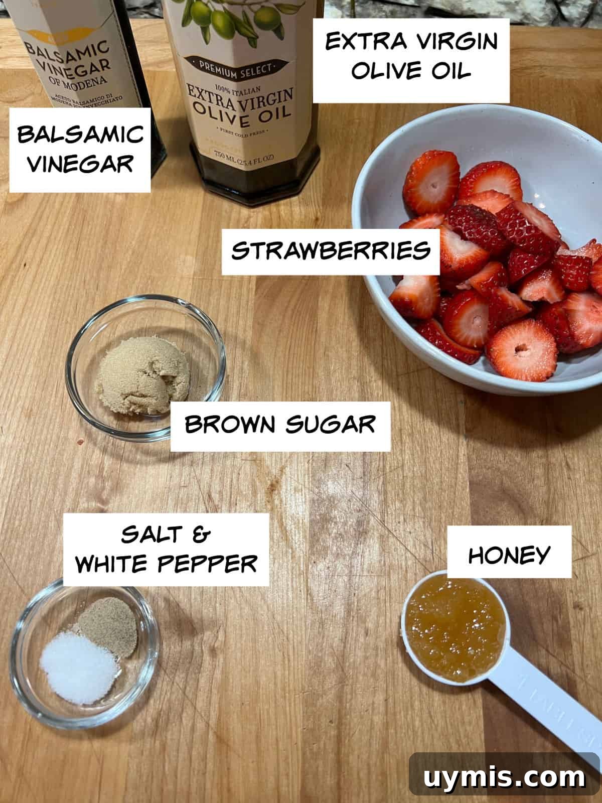 Homemade Strawberry Balsamic Vinaigrette Recipe 3 Ingredients: balsamic vinegar, extra-virgin olive oil, strawberries, brown sugar, honey, salt, and white pepper.