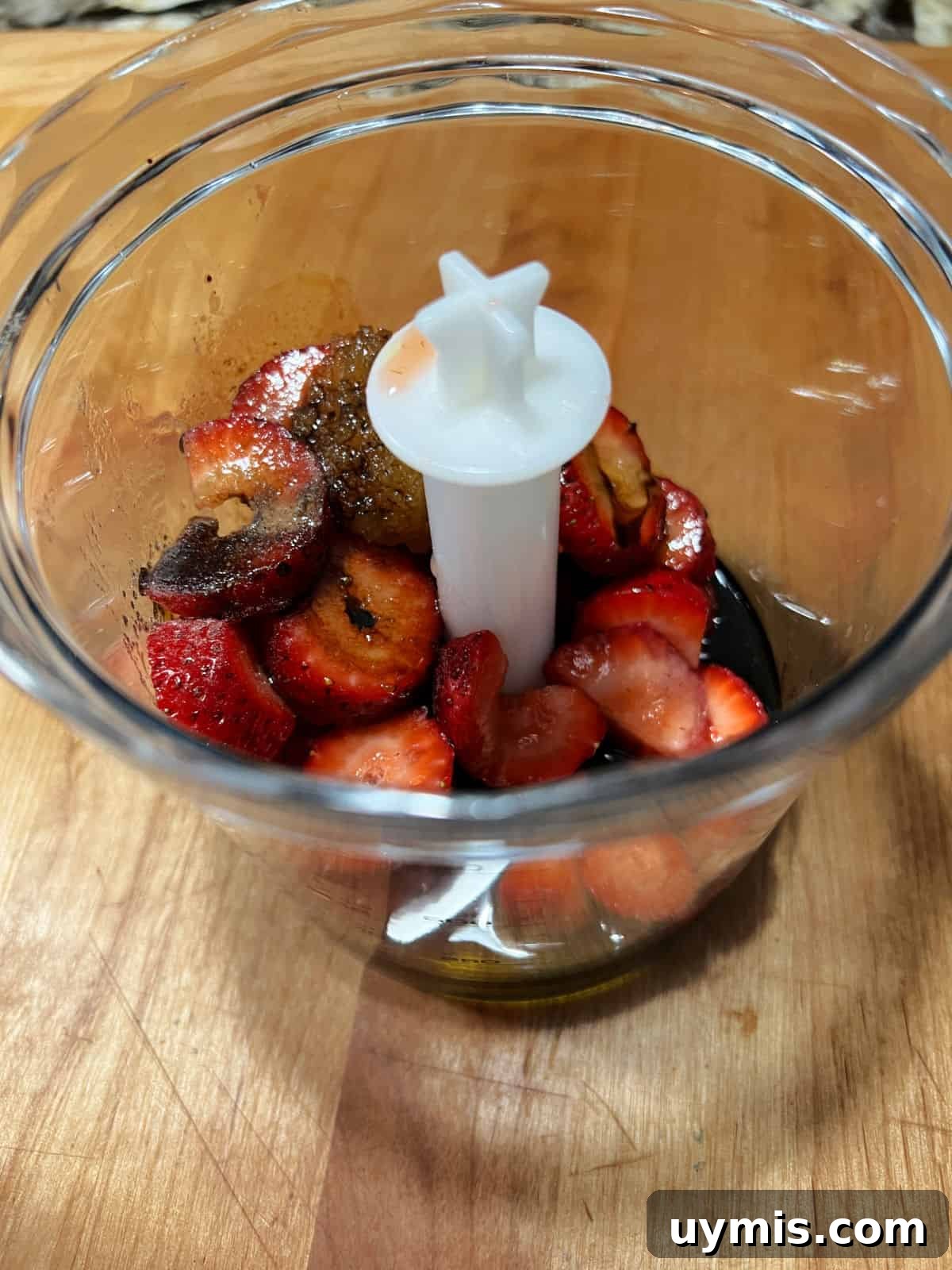 Homemade Strawberry Balsamic Vinaigrette Recipe 4 Ingredients placed in small blender.