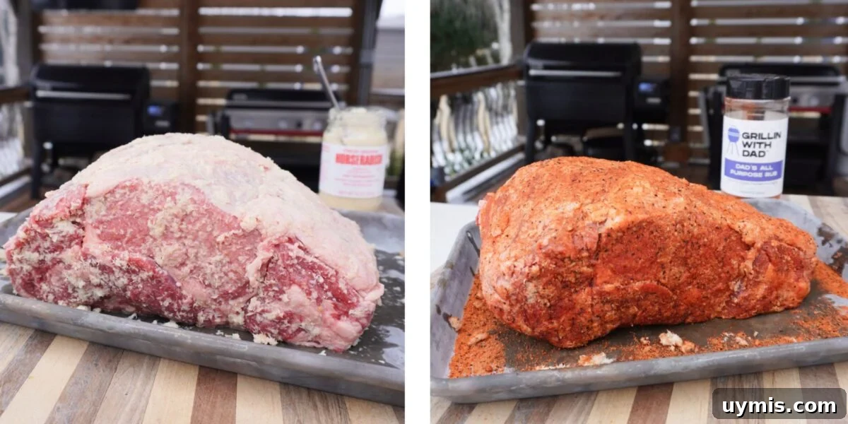 Grilled Prime Rib Sliders with Horseradish Sauce 4 Prepped Prime Rib with a horseradish binder on the left and all purpose seasoning on the right.