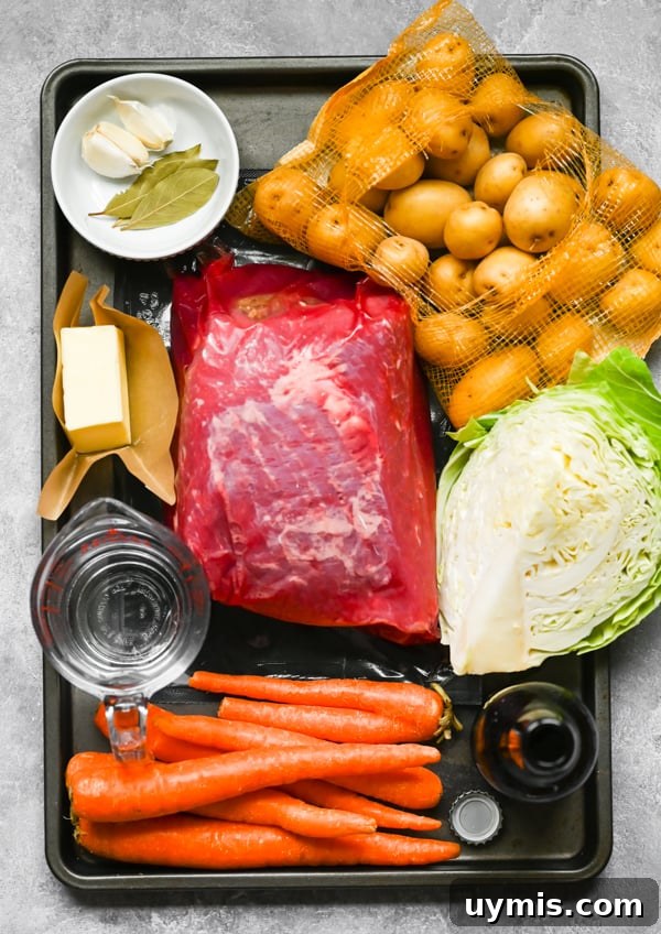 How to Make Tender Instant Pot Corned Beef 3 Ingredients to make Instant Pot Corned Beef on a sheet pan.