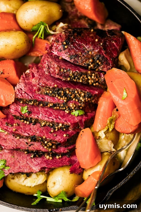 How to Make Tender Instant Pot Corned Beef 4 Sliced Instant Pot Corned Beef on a platter served with vegetables.