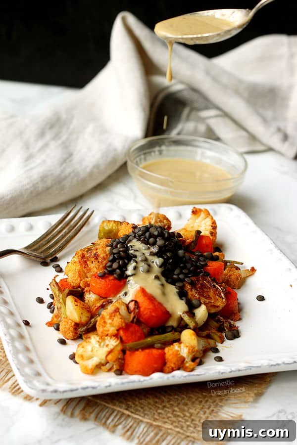 Sesame Steak Sauce Recipe Sawmill Copycat 8 A spoon drizzling tahini dressing onto a plate of roasted vegetables and black lentils