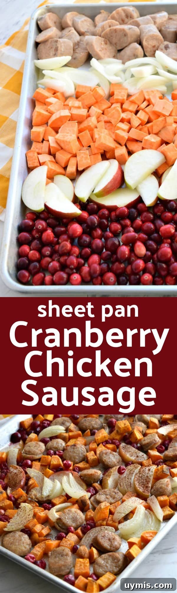 Sheet Pan Chicken Sausage with Cranberries 7 Close up of colorful uncooked Sheet Pan Cranberry Chicken Sausage Pinterest Pin #sheetpan #cranberry #dinnerideas