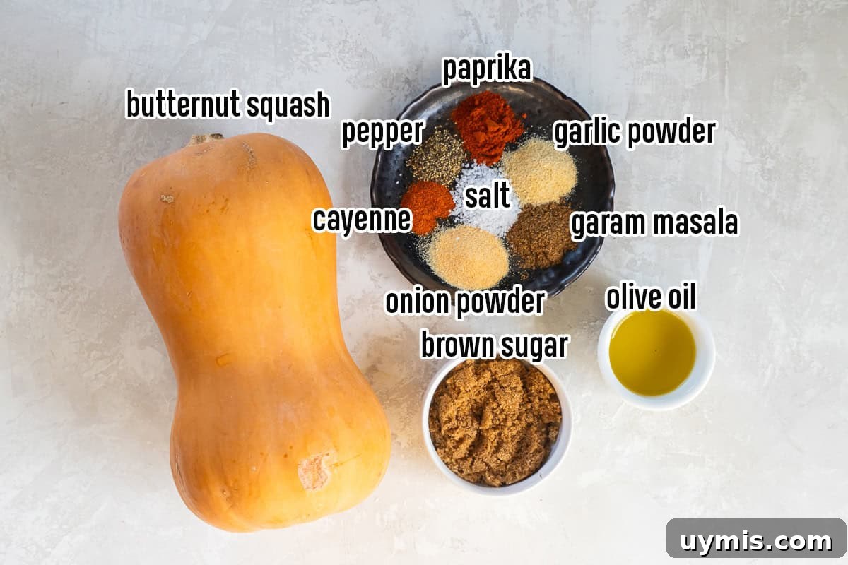 Spiced Roasted Butternut Squash Recipe 4 A whole butternut squash, spices on a plate, oil, and brown sugar in small bowls with text overlay.