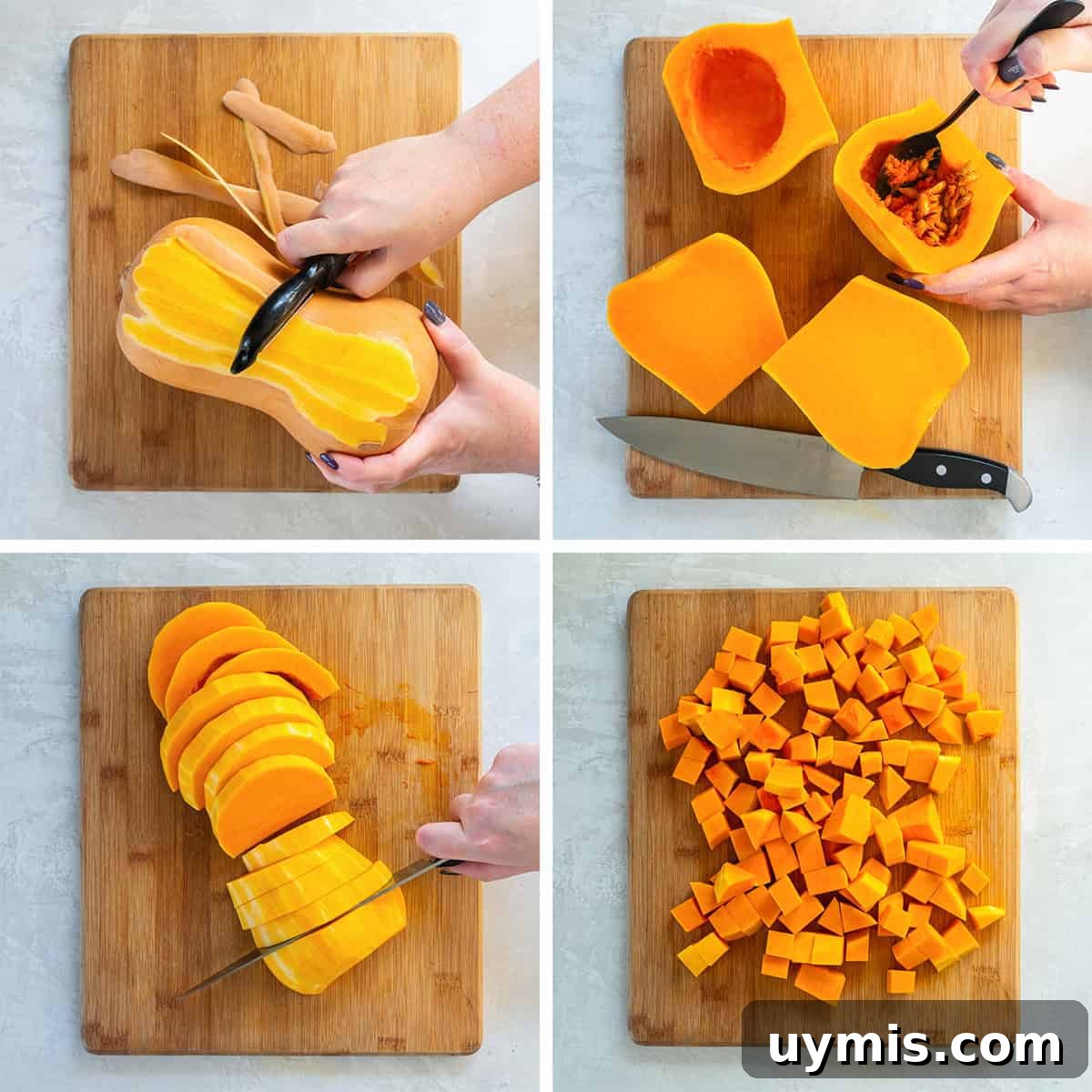 Spiced Roasted Butternut Squash Recipe 5 Four images showing how to peel and slice butternut squash.