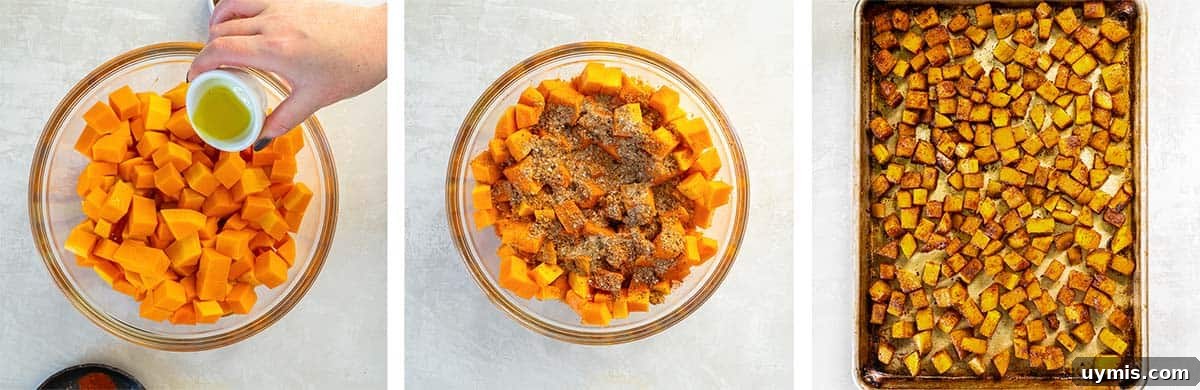 Spiced Roasted Butternut Squash Recipe 7 Three images of cubed butternut squash in a bowl with oil and spices and spread out over a baking sheet.