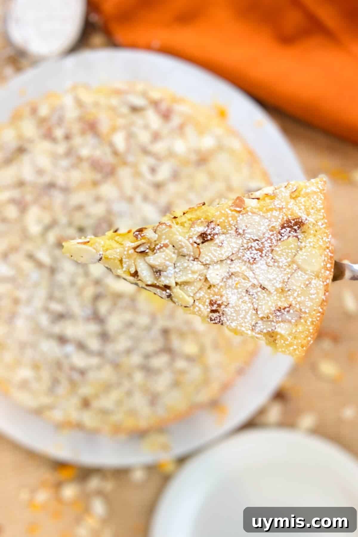 Italian Almond Cake Recipe with Tender Crumb 10 Serving a slice of cake.