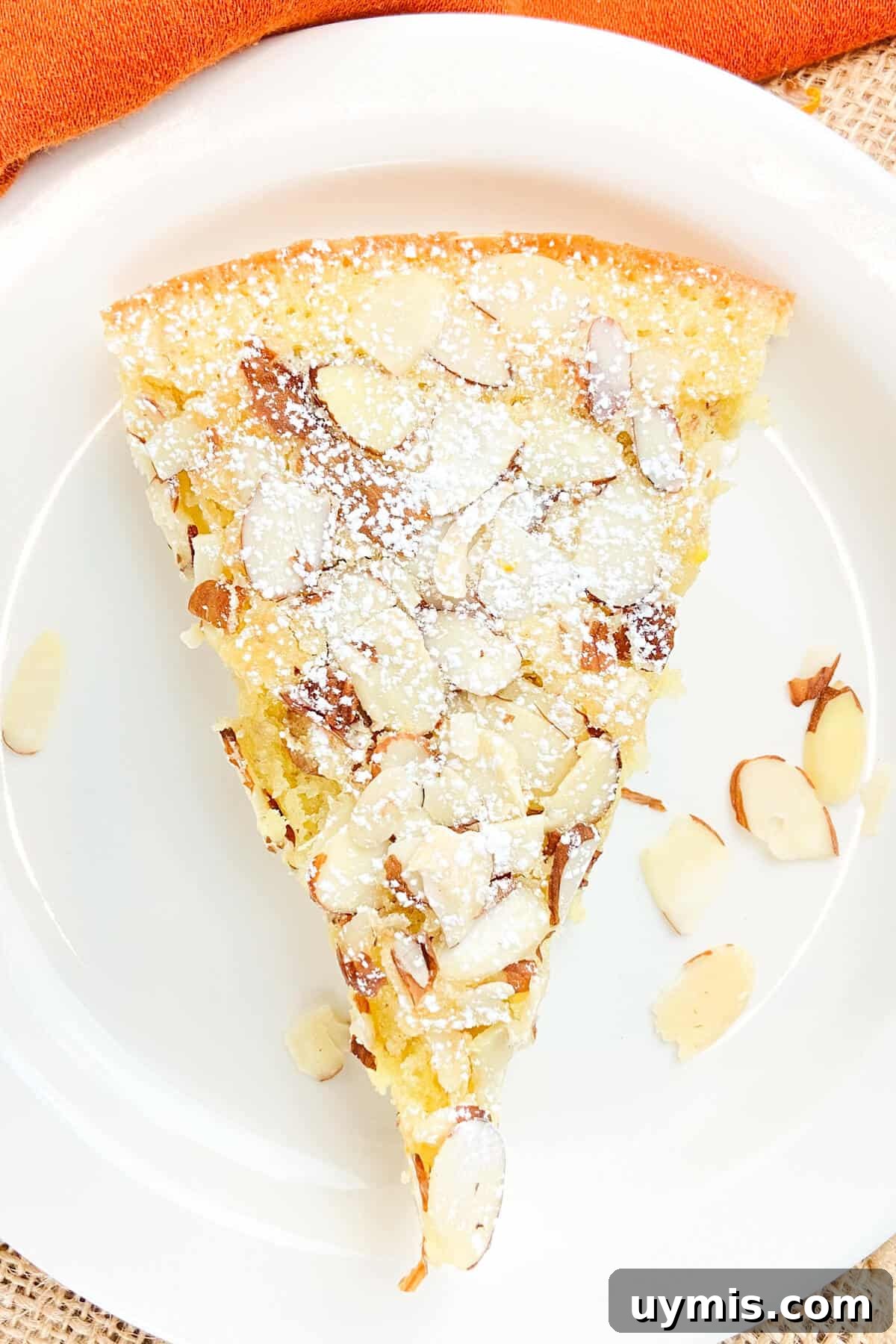 Italian Almond Cake Recipe with Tender Crumb 5 A slice of cake on a plate.