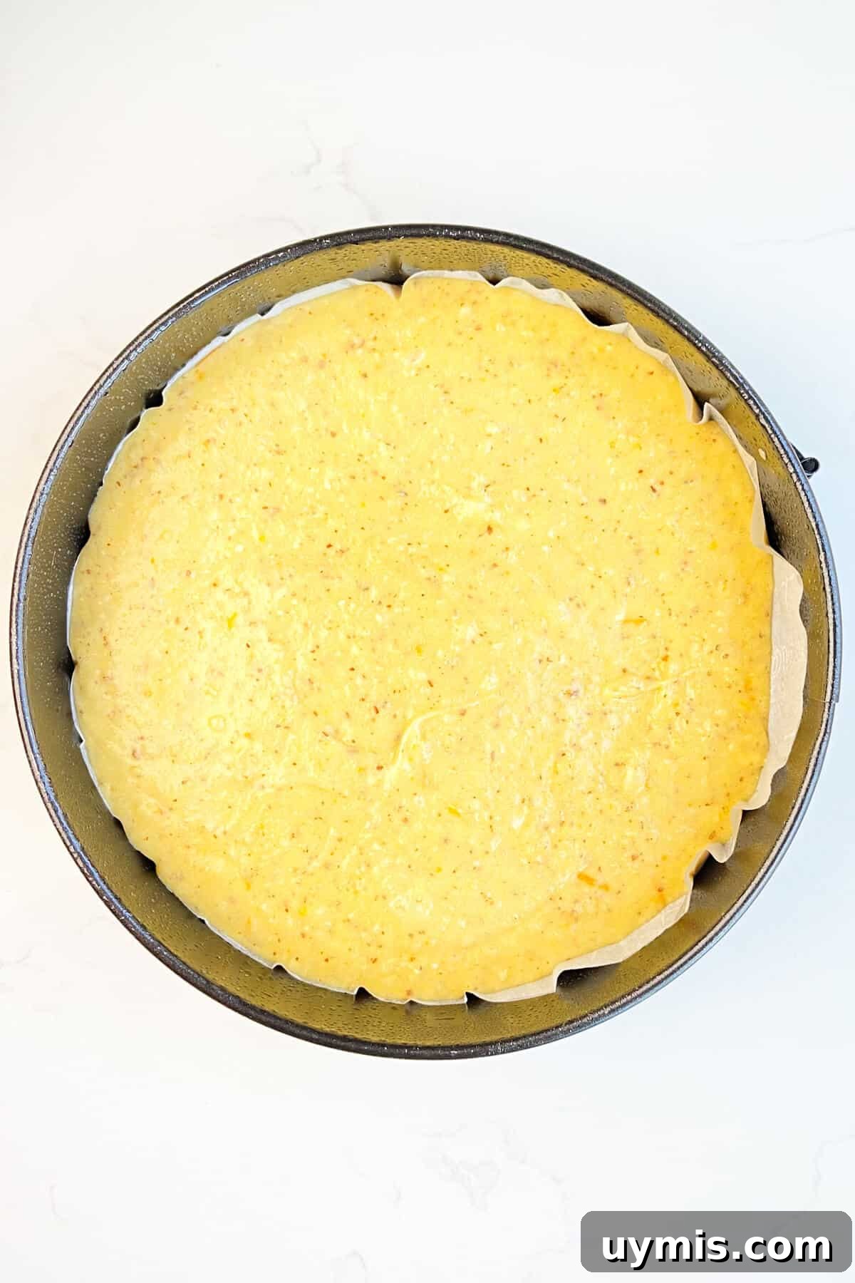 Italian Almond Cake Recipe with Tender Crumb 7 Batter poured into lined springform pan.