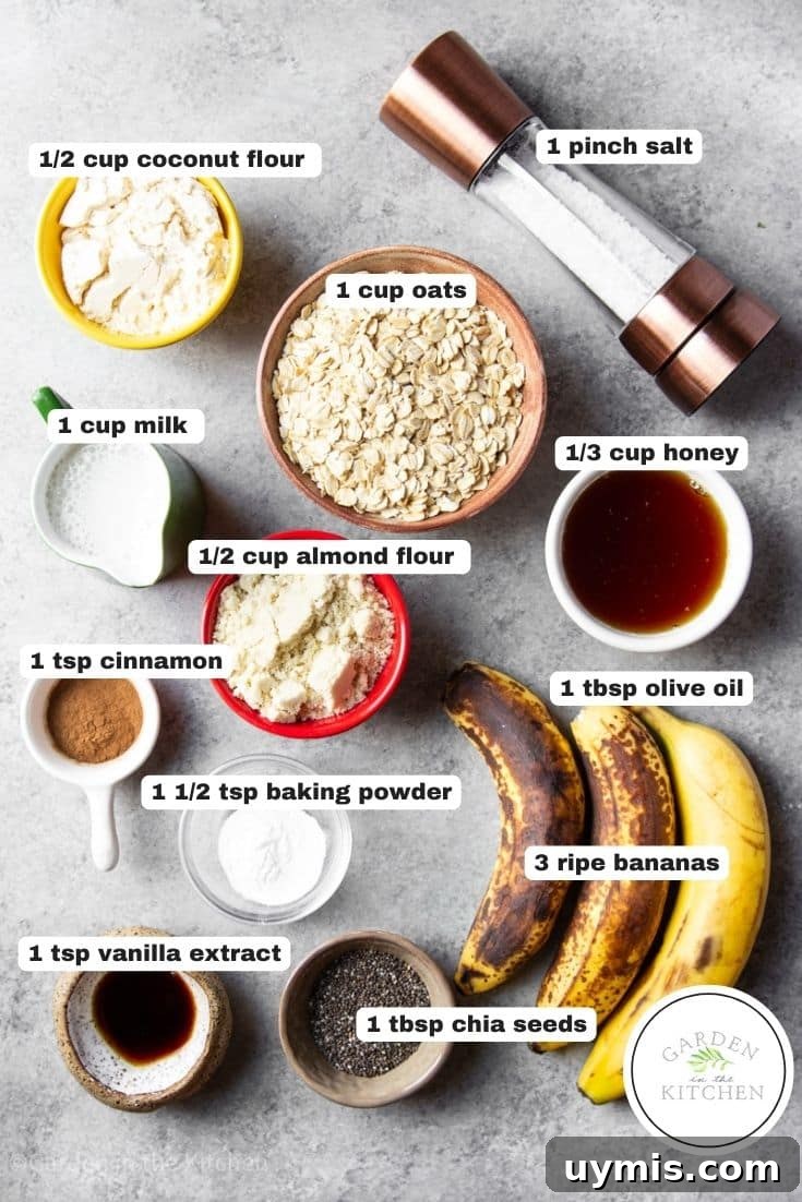 Wholesome Banana Oat Muffin Recipe 3 Ingredients to make healthy banana oat muffins; coconut flour, oats, salt, milk, honey, almond flour, cinnamon, bananas, olive oil, baking powder, almond flour, vanilla extract, chia seeds.