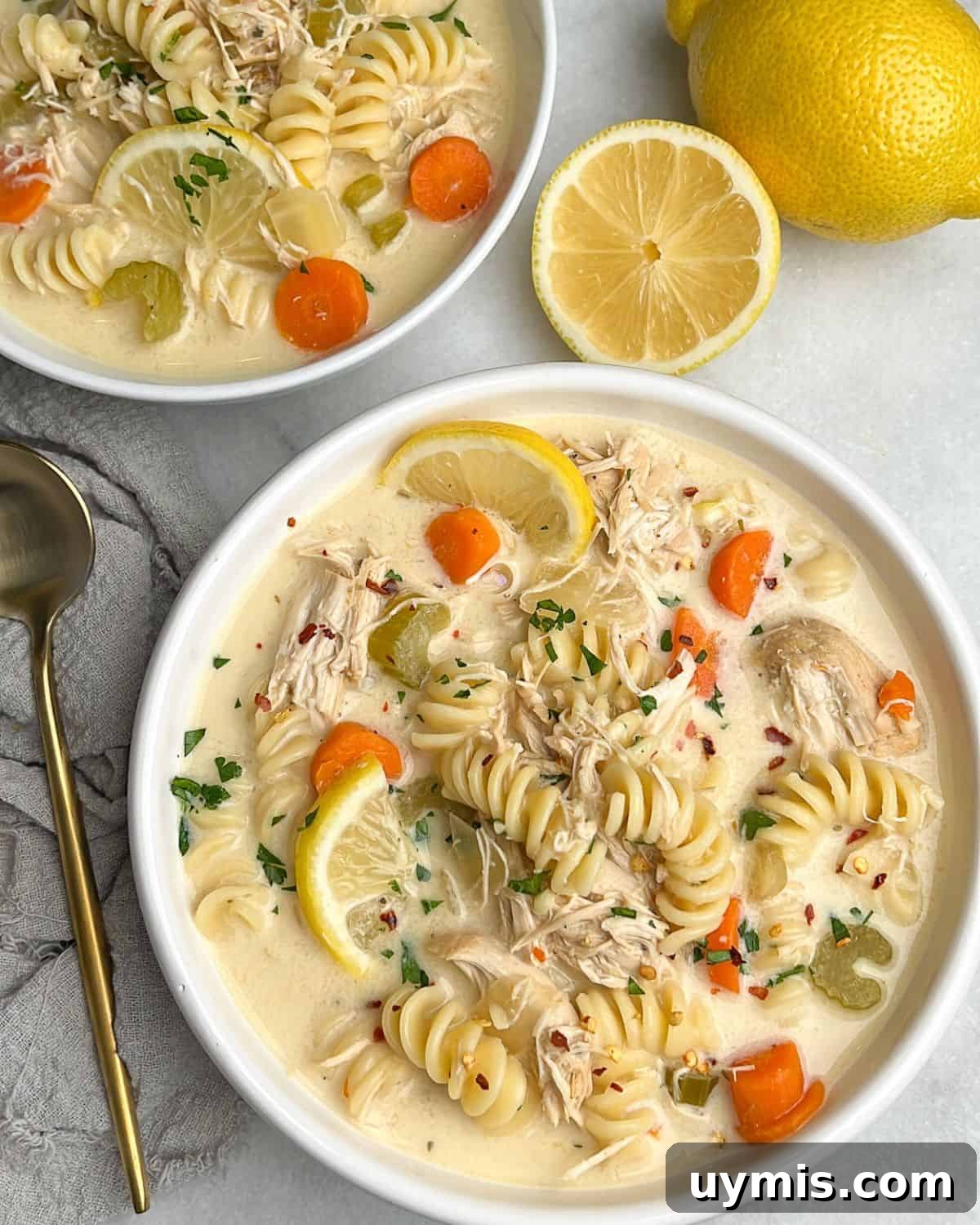 Slow cooker creamy chicken noodle soup finished with cream, Parmesan, and fresh lemon. Two bowls of creamy chicken noodle soup with lemon wedges.