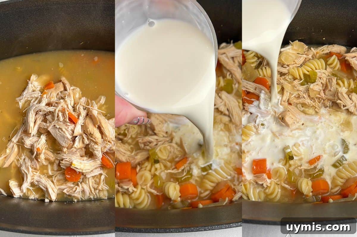 Finishing creamy chicken noodle soup with noodles, cream, Parmesan, and lemon. Step-by-step photos of adding cream to chicken noodle soup.