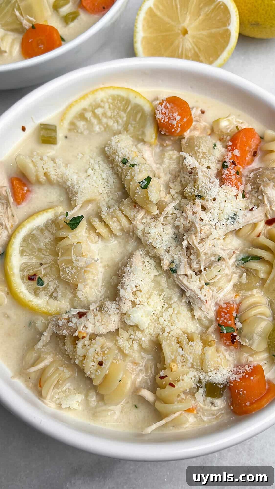 A bowl of creamy chicken noodle soup topped with Parmesan cheese. A bowl of creamy chicken noodle soup sprinkled with parmesan.