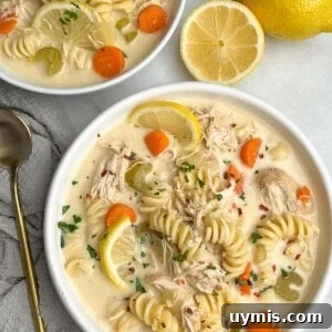 Creamy Chicken Noodle Soup Recipe 2 Two bowls of creamy chicken noodle soup with lemon wedges.