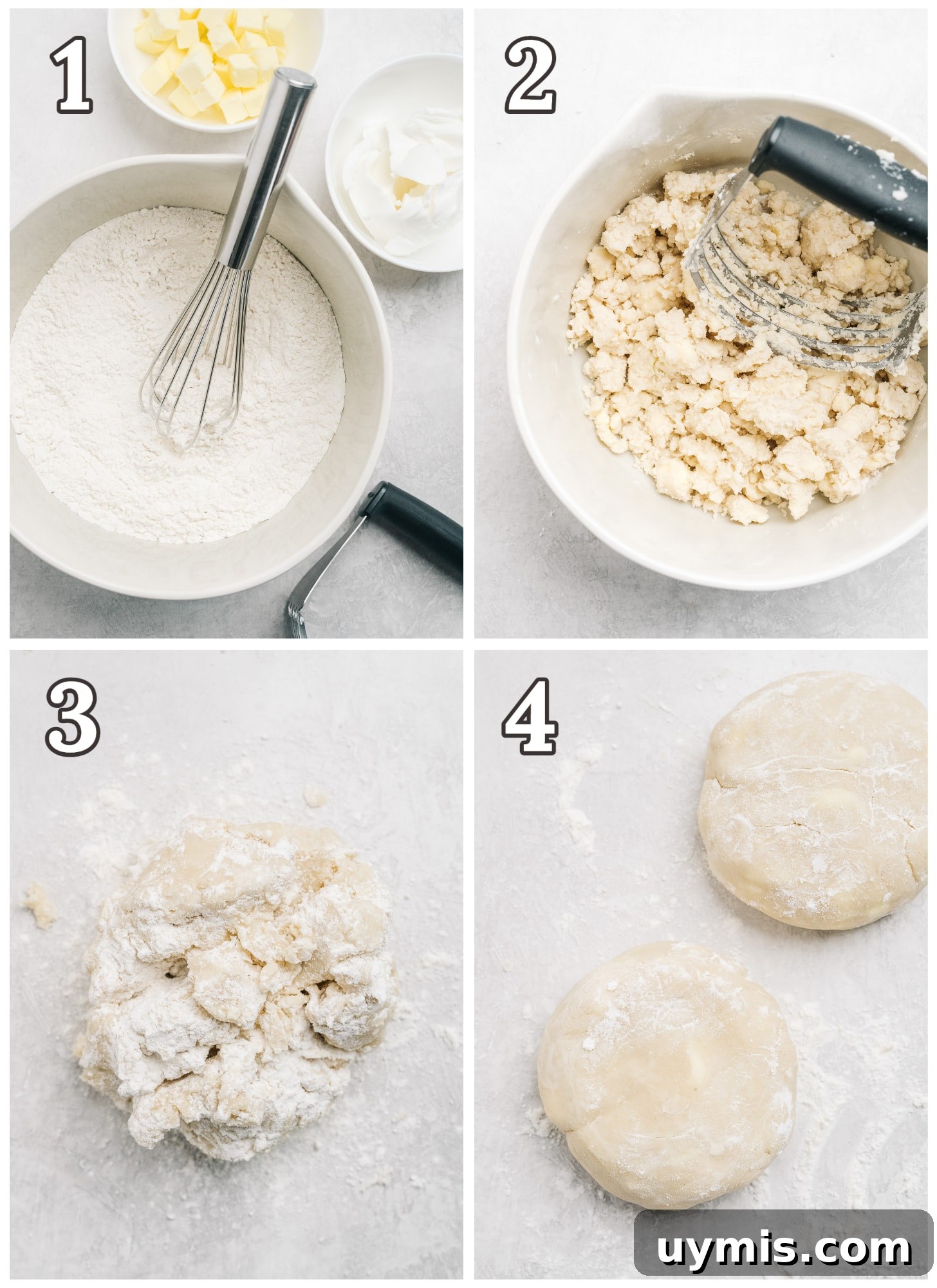 photo collage demonstrating how to make pie dough with butter and shortening.