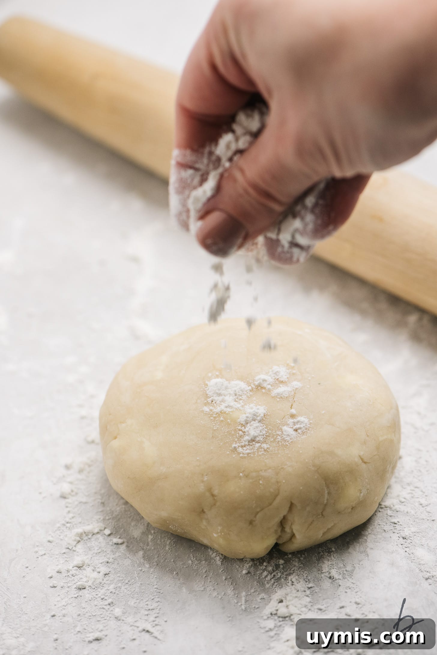 hand dusting flour on top of ball of chilled pie crust dough.