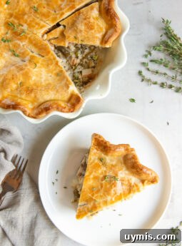 slice of turkey pot pie on plate next to pot pie in pie dish.
