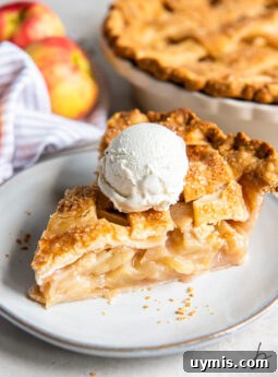 plate with slice of apple pie with a scoop of vanilla ice cream.
