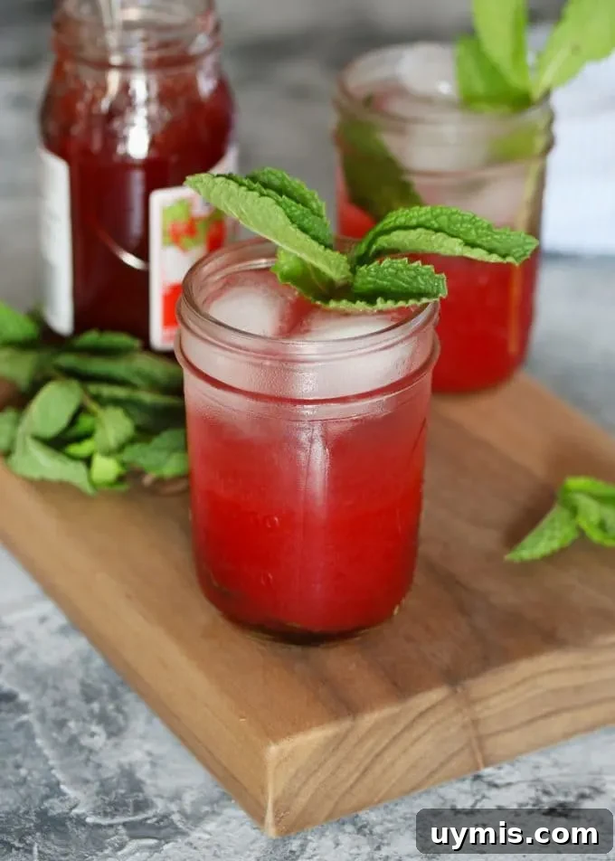 Strawberry Jam Cocktail with Fresh Mint 6 2 mint strawberry jam cocktails and a jar of jam