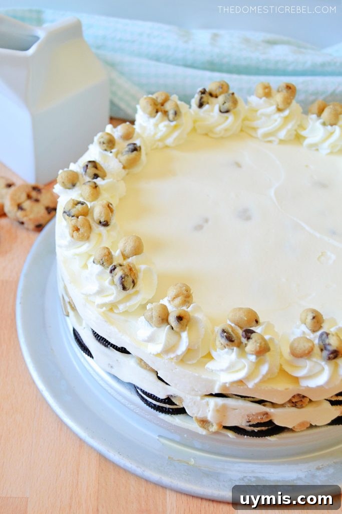No-Bake Oreo Icebox Cake with Chocolate Chip Cookie Dough 3 a beautiful cookie dough oreo icebox cake on a silver tray