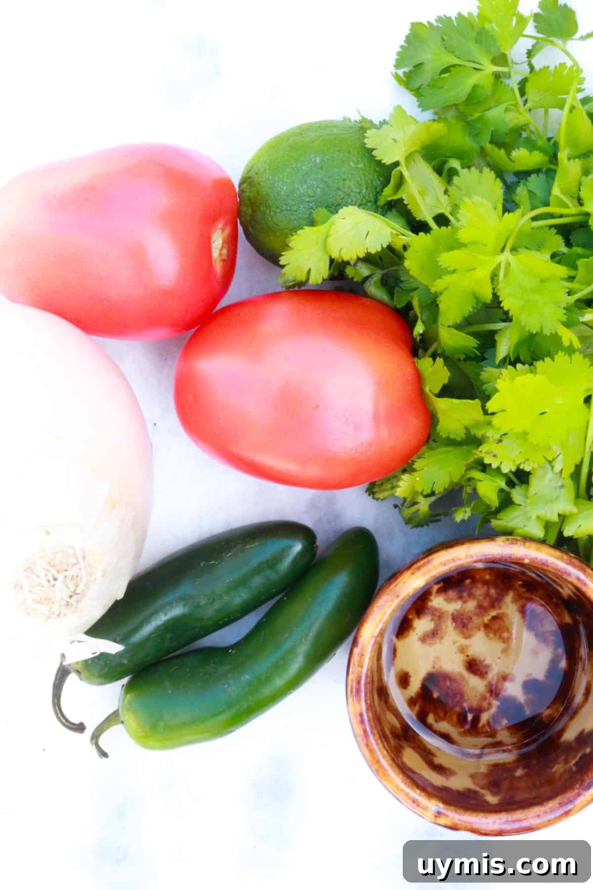 Fresh Salsa Bandera: Authentic Pico de Gallo Recipe 3 Cilantro, lime, Roma tomatoes, jalapeños, white onion and a small bowl with white vinegar