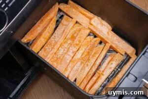 Crispy Air Fryer Sweet Potato Fries 12 Cornflour coated sweet potato fries in an air fryer basket