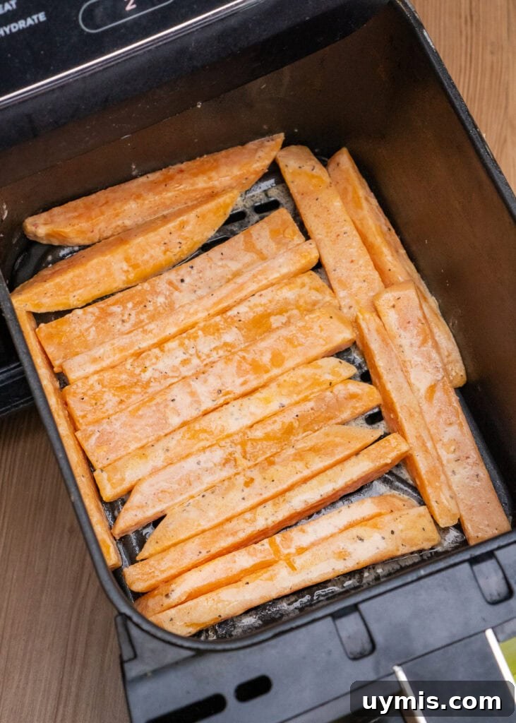 Crispy Air Fryer Sweet Potato Fries 28 Cornflour coated sweet potato chips in an air fryer basket