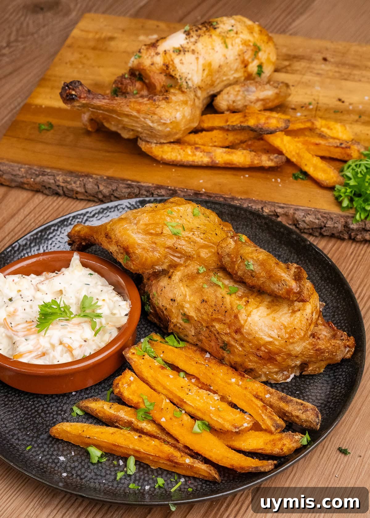 Crispy Air Fryer Sweet Potato Fries 33 Air Fryer Sweet Potato Fries served with half a cooked chicken and coleslaw