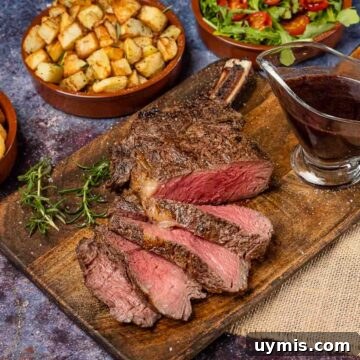 Medium rare bone in rib eye steak sliced on a wooden chopping board served with paramentier potatoes, salad and red wine jus