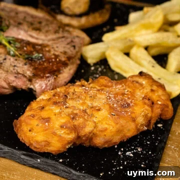 Onion loaf served with rump steak and chips on a black slate plate