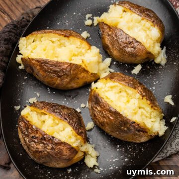 Four jacket potatoes opened up on a black plate