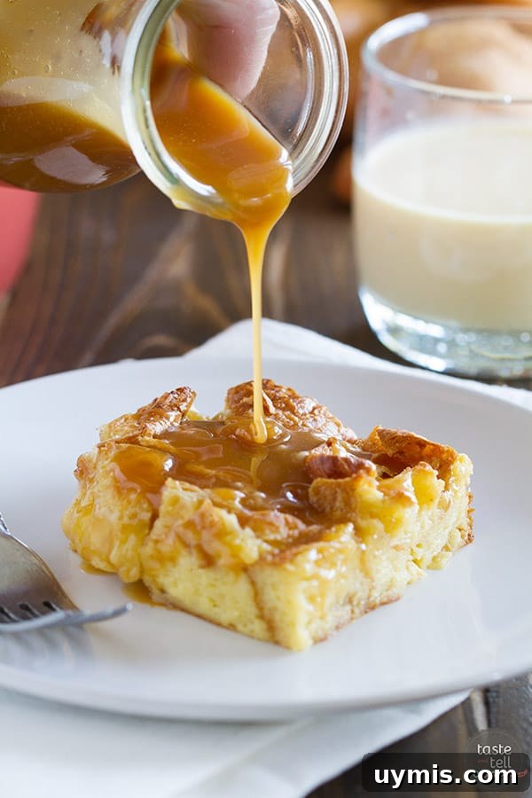 Eggnog Croissant Bread Pudding with Caramel Syrup 4 Holiday croissant bread pudding made with eggnog custard and topped with caramel eggnog syrup.