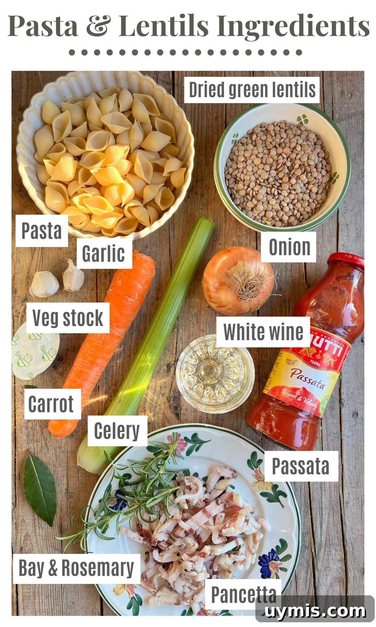 Pasta e Lenticchie Italian Pasta and Lentils Recipe 3 An overhead shot of all the ingredients needed to make pasta and lentils. The ingredients are labelled: pasta, dried green lentils, passata, carrot, celery, onion, bay and rosemary, pancetta, white wine, garlic.