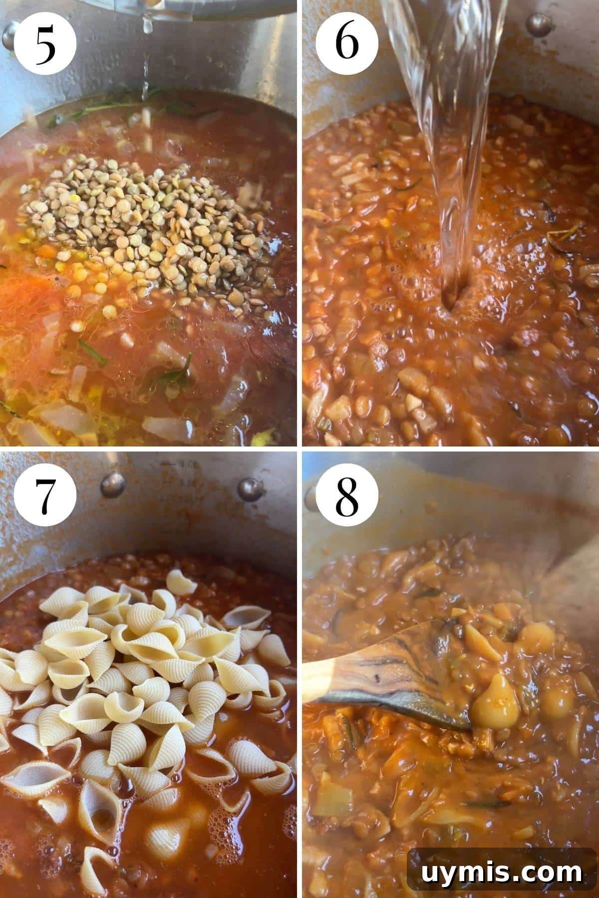 Pasta e Lenticchie Italian Pasta and Lentils Recipe 5 Four photos in a collage showing how to add tomato, stock, lentils and pasta.