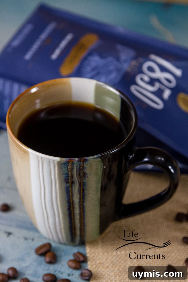A bold cup of coffee on a table