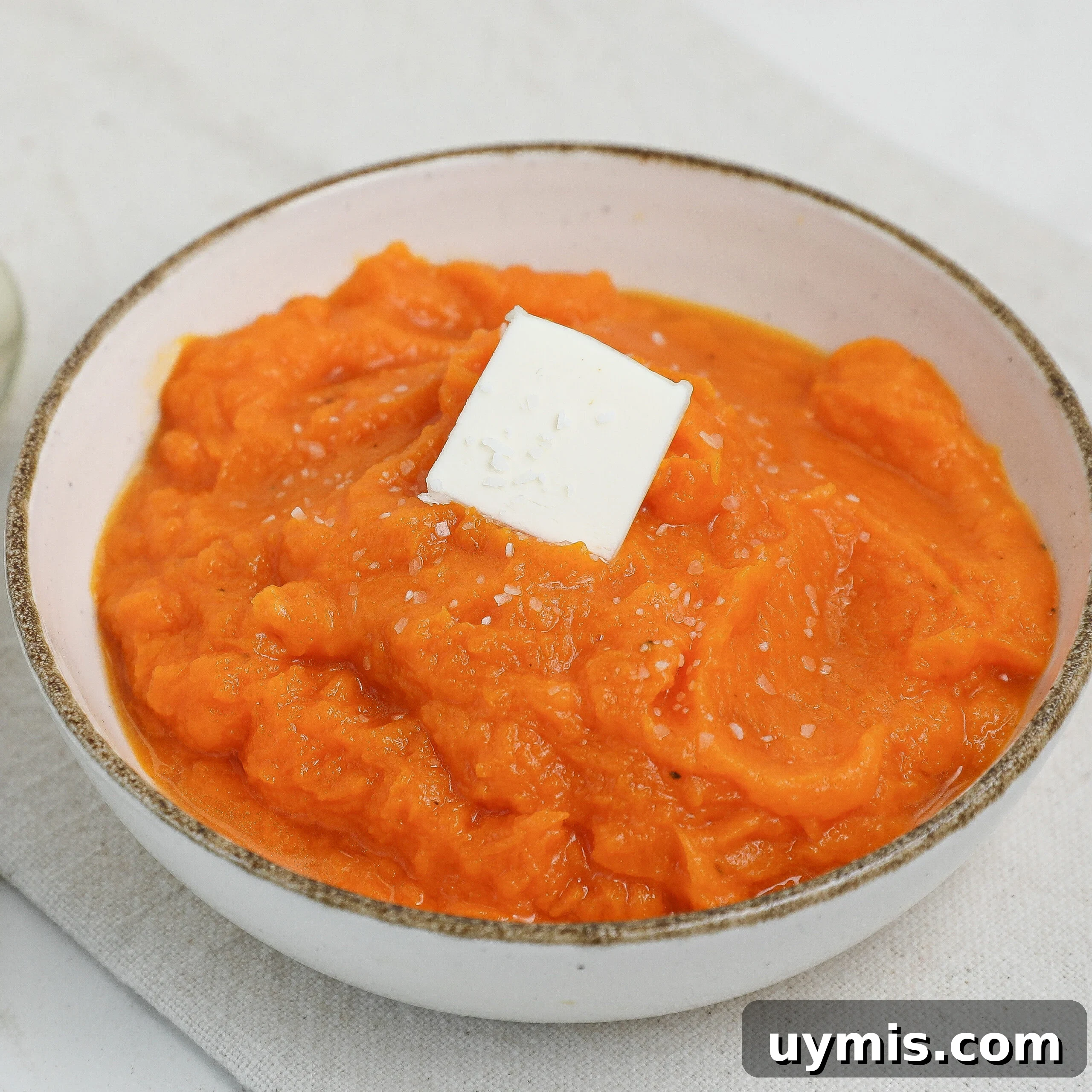 Maple Roasted Sweet Potatoes with Bacon and Walnuts 12 A bowl of creamy mashed sweet potatoes topped with a pat of butter and a sprinkle of salt, served in a white ceramic bowl on a light cloth surface.