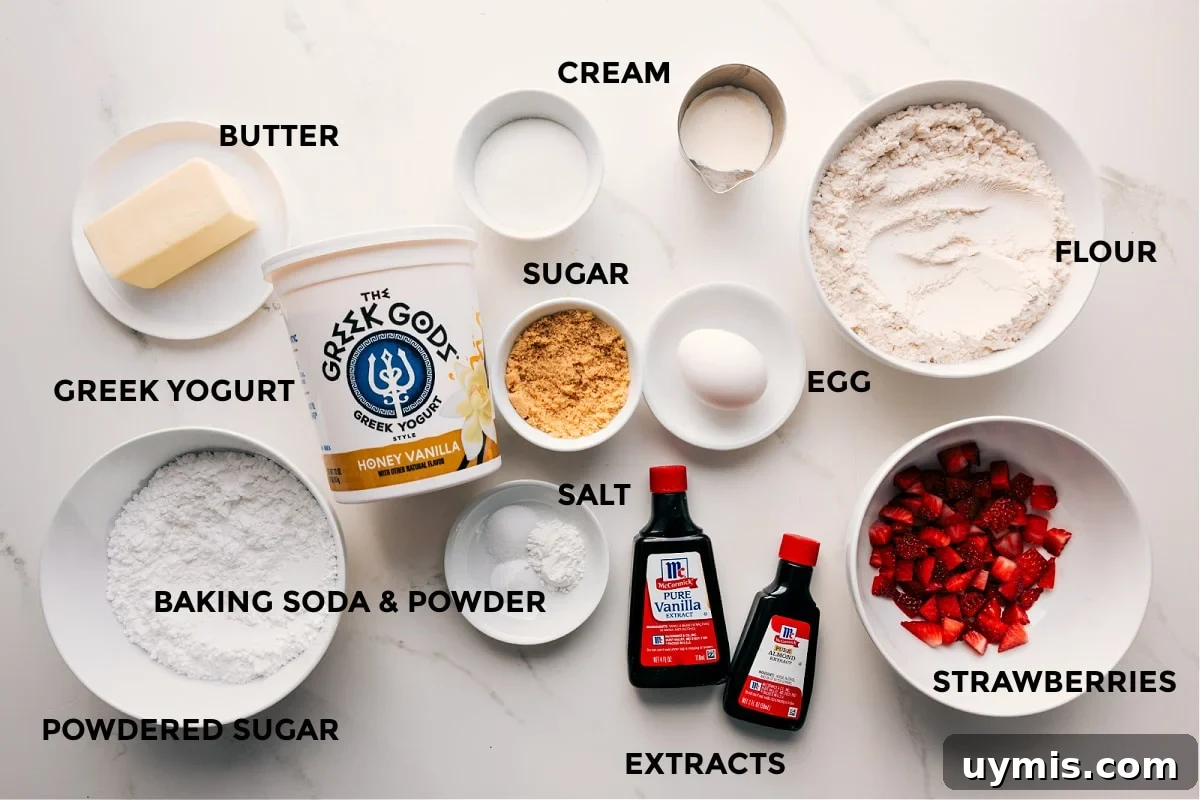 Ingredients In Strawberry Scones Recipe All the ingredients in this recipe prepped out for easy assembly including the butter, yogurt, powdered sugar, baking agents, sugar, cream, egg, flour, extracts, and strawberries.