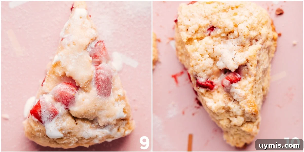 Freshly Baked Strawberry Scones Recipe The strawberry scones recipe being brushed with heavy cream and baked to perfection.