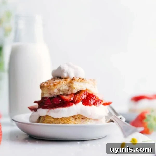 Fresh Strawberry Scones Recipe with Tender Crumb 3 Strawberry Shortcake served with a generous dollop of whipped cream on top, accompanied by a fork on the side of the plate, ready to be enjoyed.