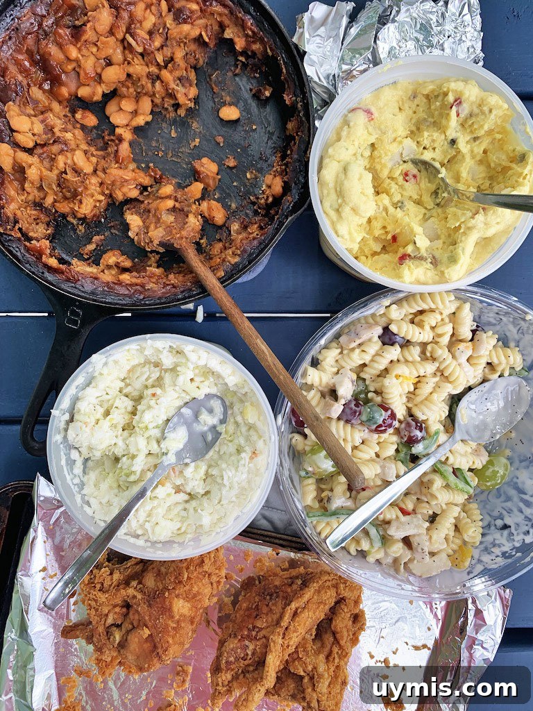 Sweet and Smoky Instant Pot Baked Beans 5 Instant Pot Beans with potato salad, fried chicken, and cole slaw.