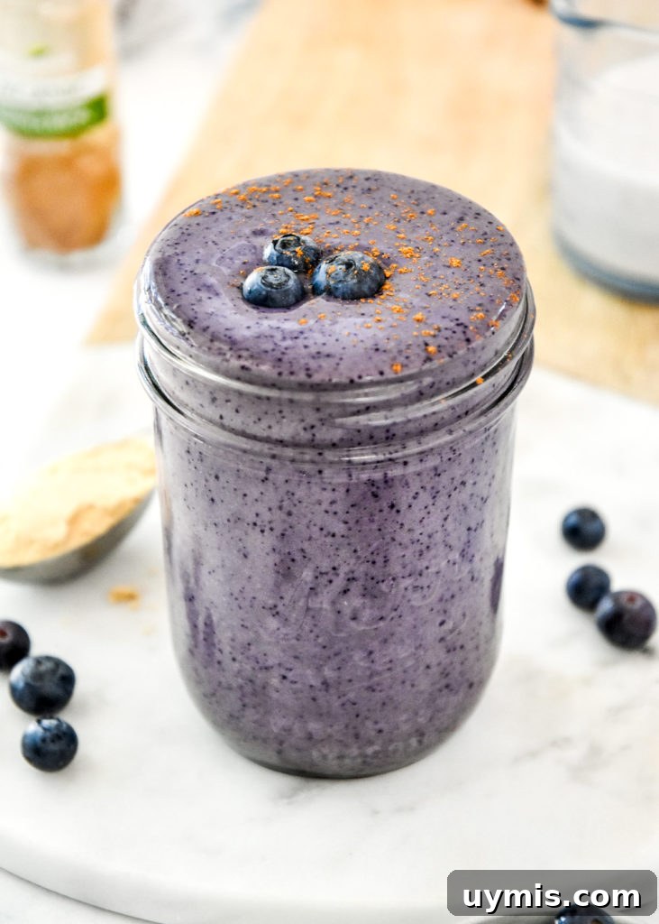 Blueberry Cinnamon Smoothie with Peanut Butter Powder 8 peanut butter powder blueberry cinnamon smoothie in a glass mason jar.