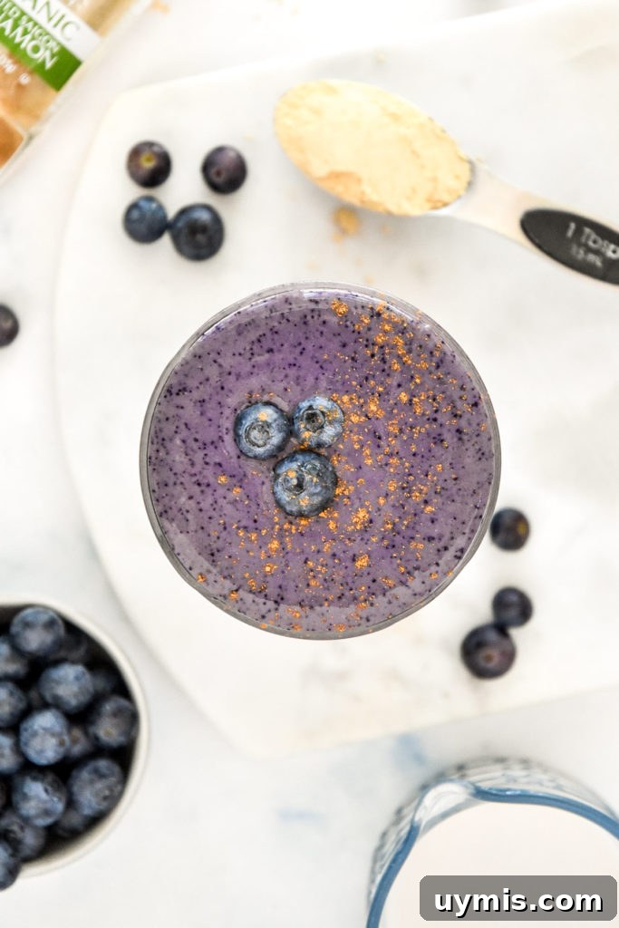 Blueberry Cinnamon Smoothie with Peanut Butter Powder 9 peanut butter powder blueberry cinnamon smoothie in a glass mason jar.